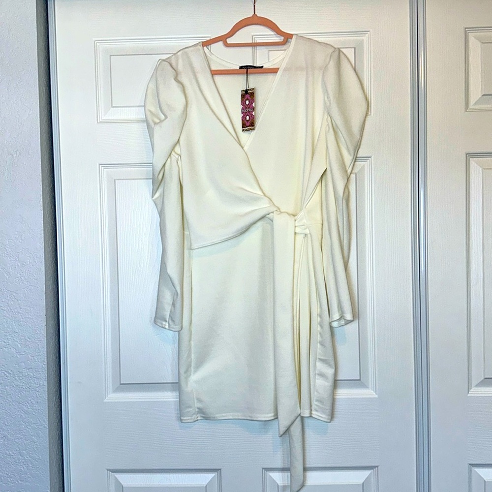Boohoo Plus Puff Sleeve Wrap Tie Waist Dress